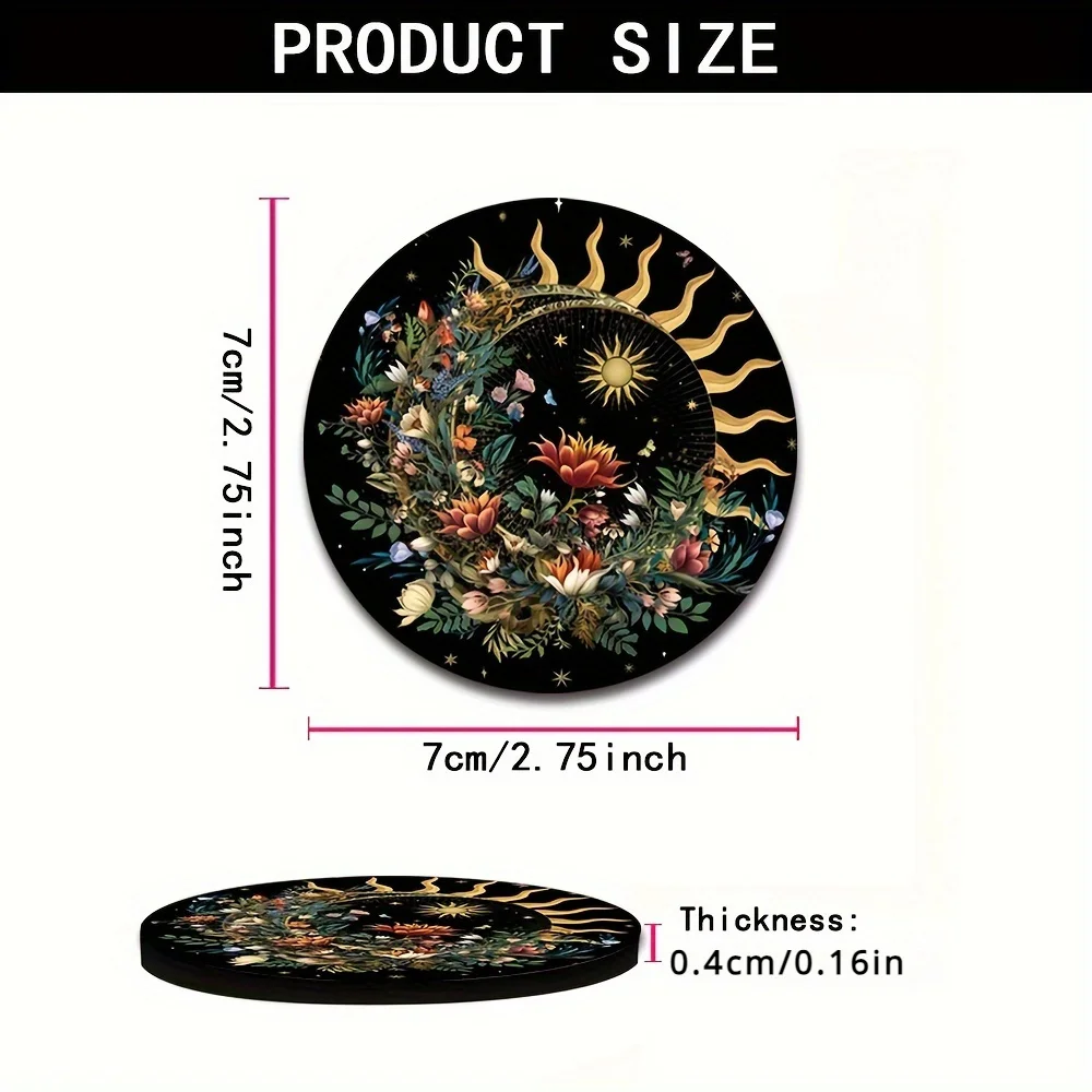 Set Of Two Rubber Coasters Featuring Floral Designs Of The Sun And Moon, Ideal For Car Cup Holders, Versatile For Both Men And W