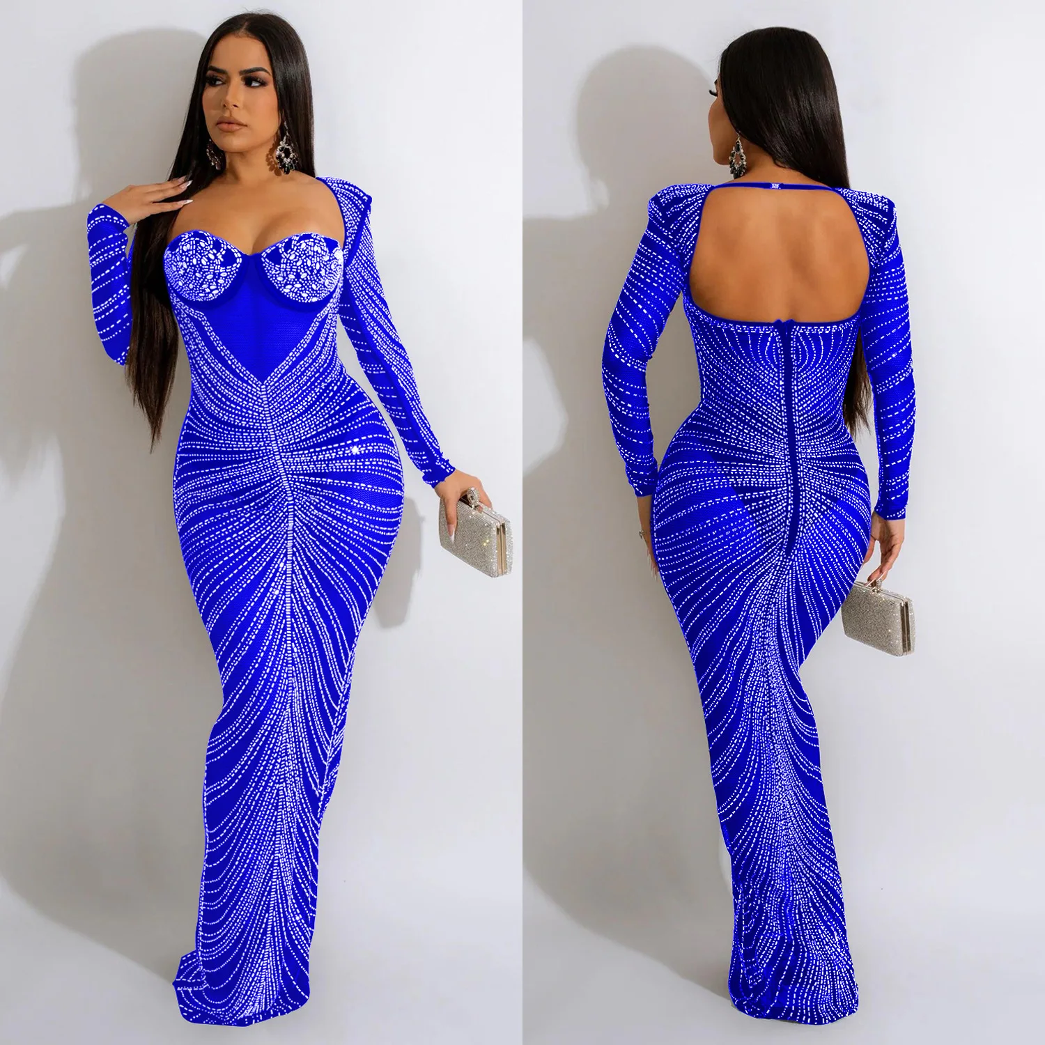 

Sexy Party Nightclub Club Banquet Hot Rhinestone Mesh See Through Long Sleeve Long Dresses