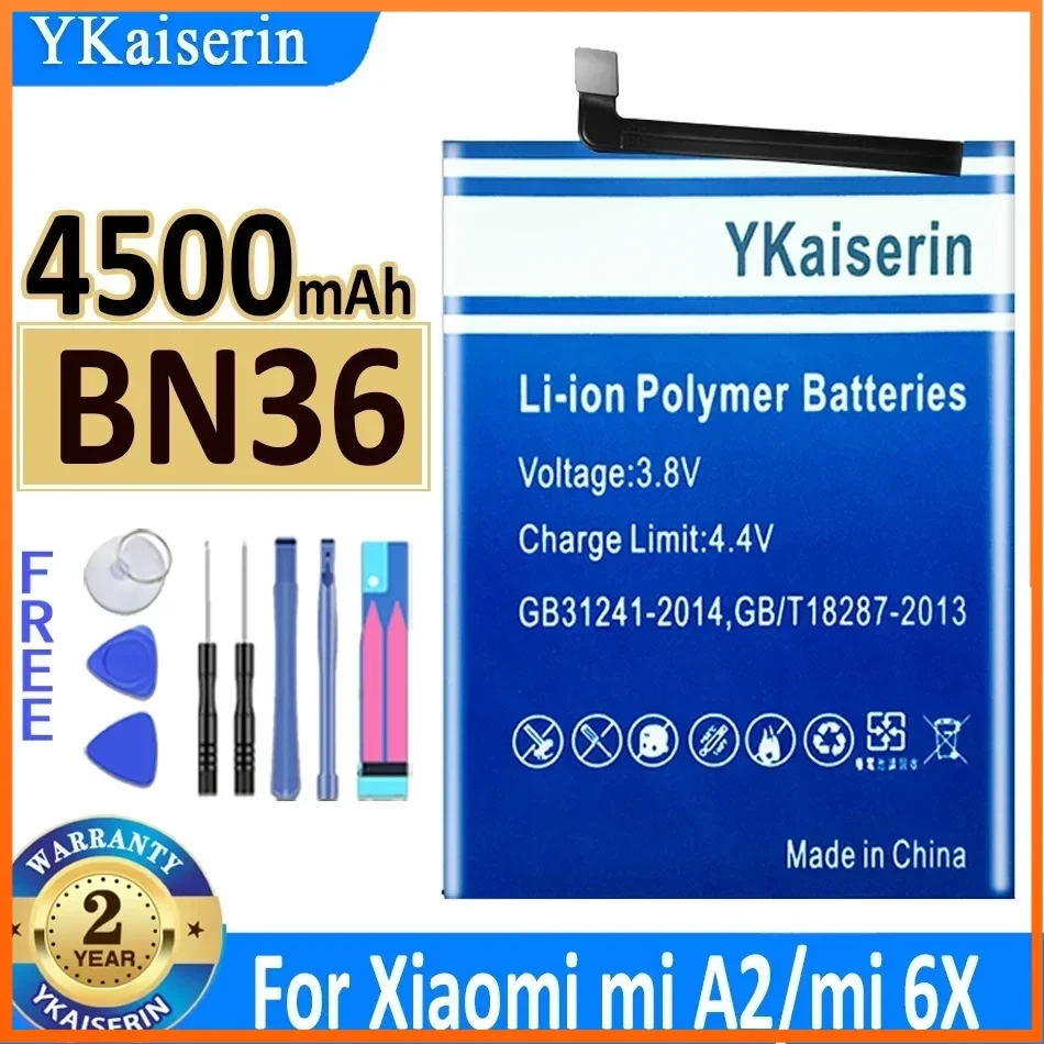 YKaiserin BN36 4500mAh Portablet Battery for Xiaomi Mi 6X Mi6X Mi A2 MiA2 BN36 Mobile Phone Batterie Warranty + Track Code