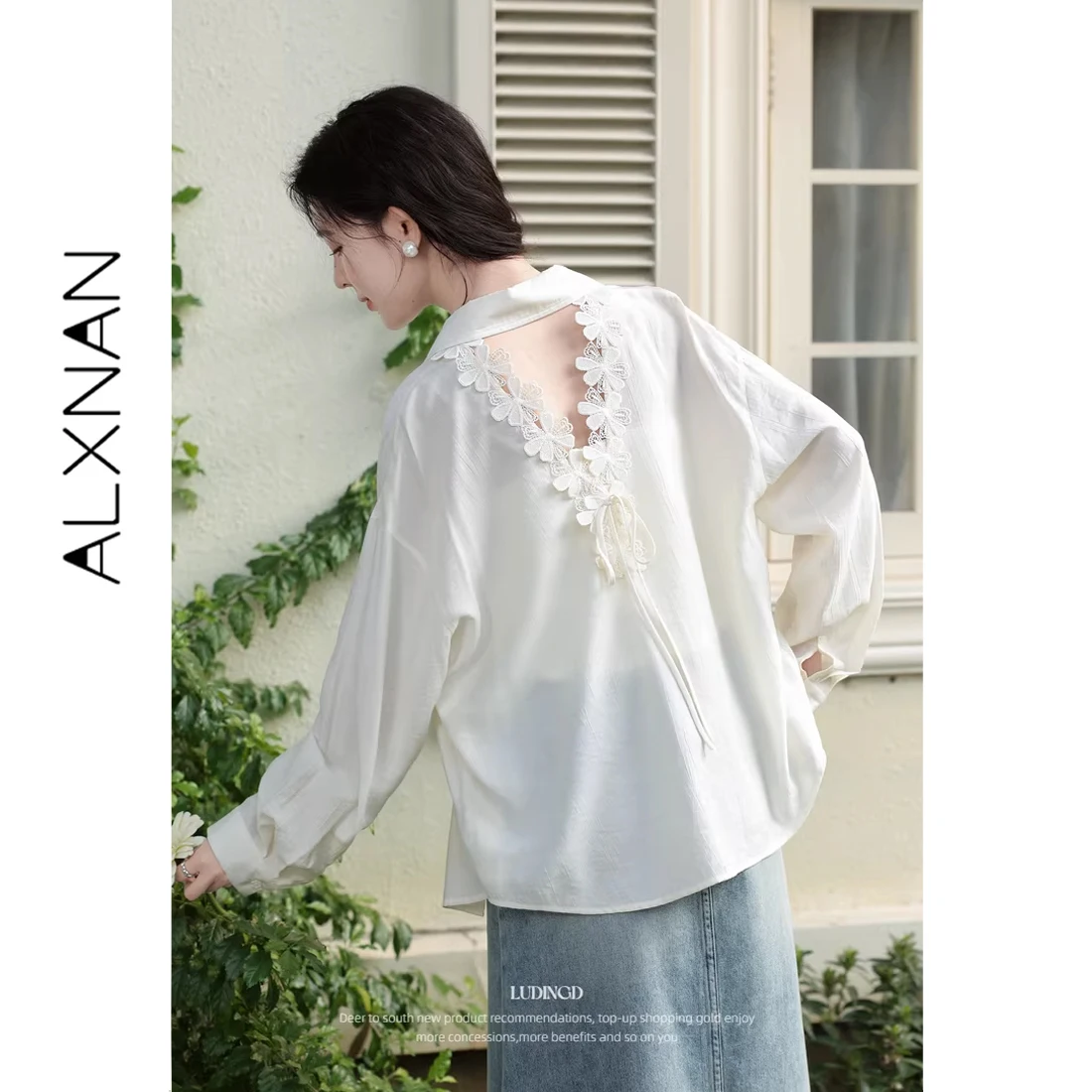 

ALXNAN Women's Thin Long Sleeve Shirt Back 3D Flower Embroidery Hollow Design Shirts Spring Elegant Casual Female Tops L62330