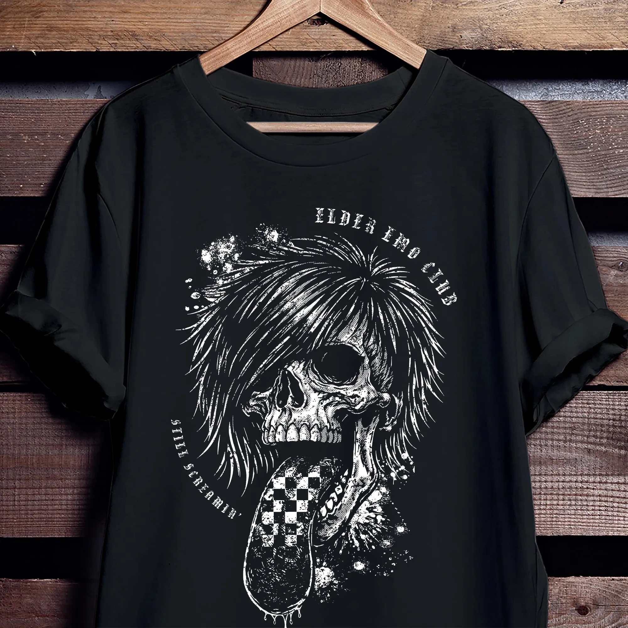 “Men's 'Later Pro Club Still Screamin'' Retro 90s Rock Skeleton Graphic T-Shirt Mosh Pit Grunge Punk Chessboard Tongue Oversize