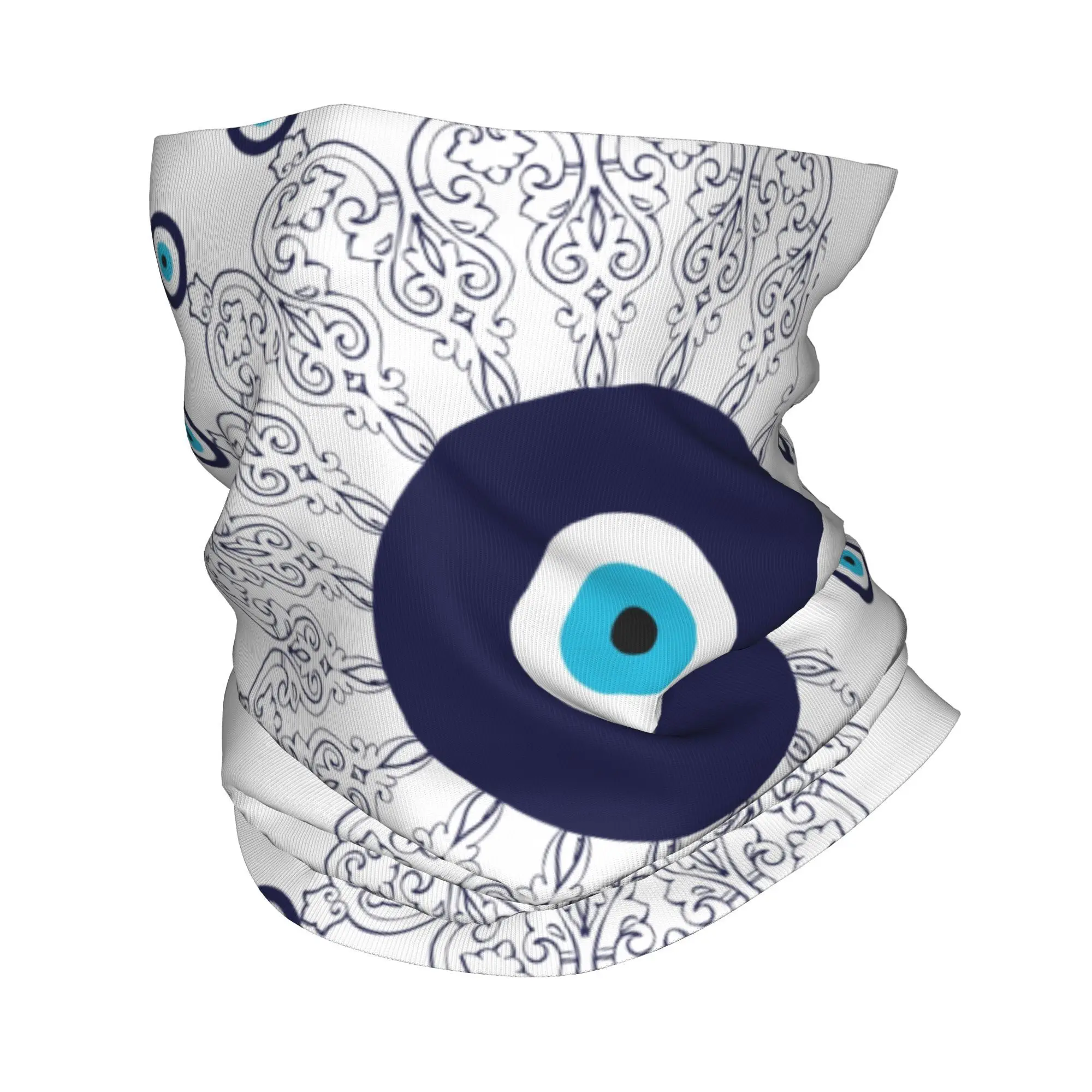 Custom Navy Mediterranean Evil Eye Mandala Pattern Winter Headband Neck Ski Hunting Tube Scarf Bohemian Boho Face Bandana Gaiter