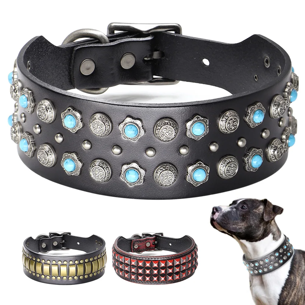 Genuine Leather Big Dog Collar 2inch Wide Diamond Dog Collars Durable Spike Pet Necklace Luxury for Medium Large Dogs Pitbull