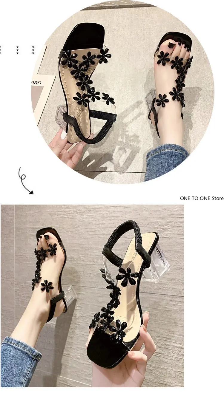 Plush Size Summer Women Sandals Pvc Crystal Flower Decoration Chunky Heel Peep Toe Back Strap Elastic Band Elegant  Shoes Ladies