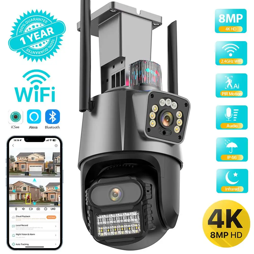 Cámara PTZ con Wifi para exteriores, 4K, 8MP, HD, doble lente, pantalla Dual, seguimiento automático AI, videovigilancia de 4MP, alarma de luz policial iCSee