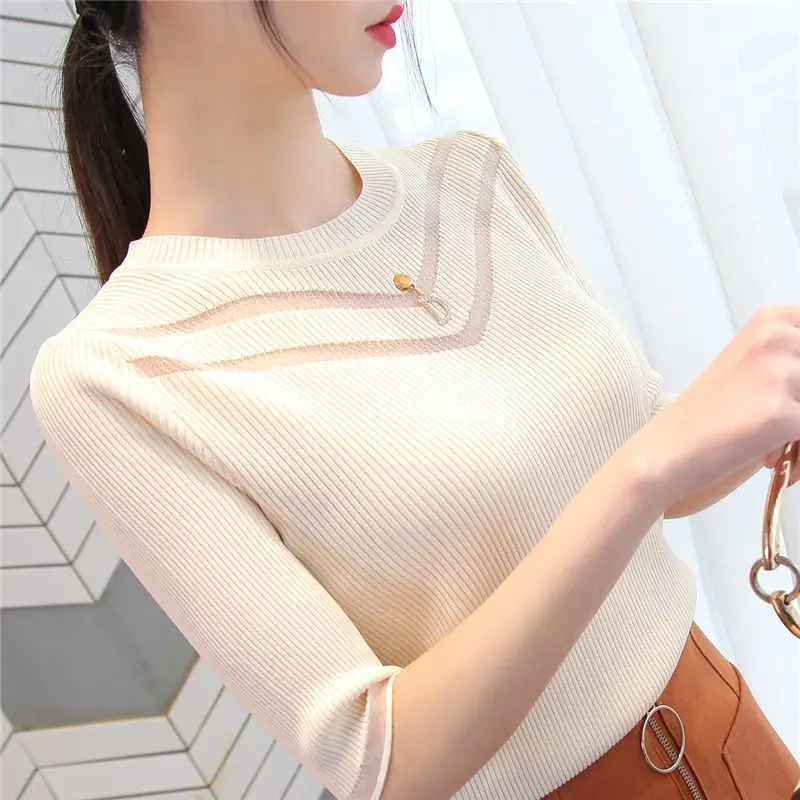 Fashion O-Neck Solid Color Spliced Gauze T-Shirt Women\'s Clothing 2023 Spring New Casual Pullovers All-match Sweet Tee Shirt