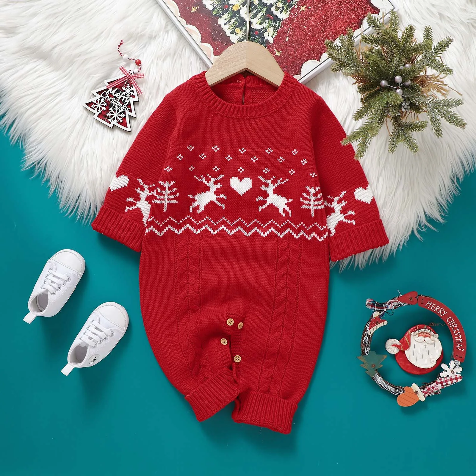 Christmas Baby Rompers Knit Newborn Boy Jumpsuit Outfit Long Sleeve Infant Girl Clothing Hat Cute Elks 2PCS Xmas Playsuit Winter