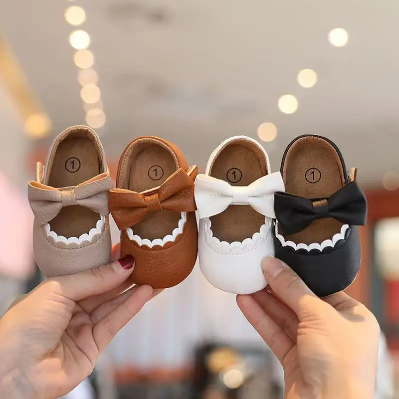 

First Walker Newborn Casual Shoes Baby Bow Anti Slip Rubber Soft Sole Flat Bottom PU Newborn Bow Decoration Mary Janes