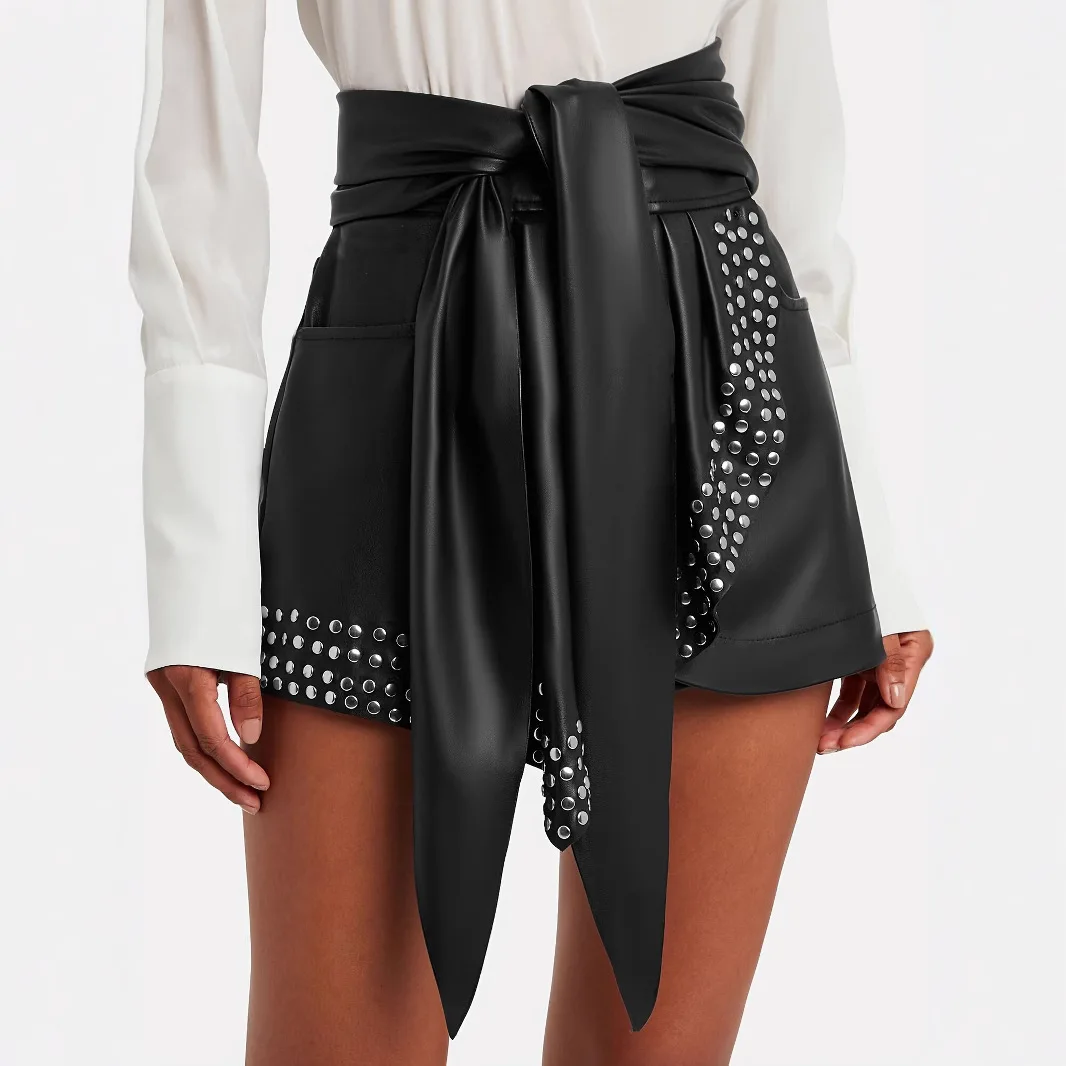 

Solid Color Leather Tie Women's Shorts European and American Women's Clothing Fashionable and Casual