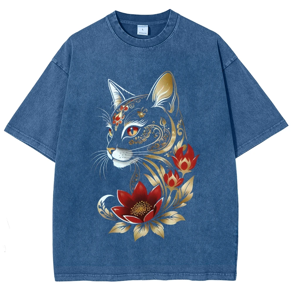 Koszulka Graficzna Ozdobny Kot Kwiatowy Złoty Nadruk Artystyczne Zwierzę Czysta Bawełna Codzienna Odzież Modny Boho Design Y2k Atmosfera Tee
