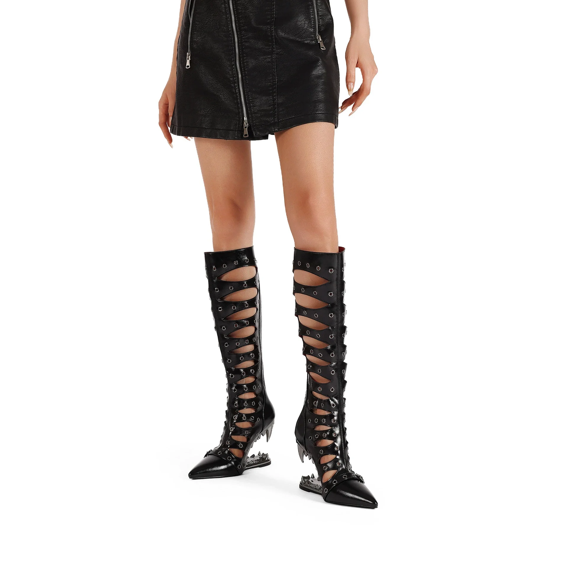 Women's Black Patent Leather Cutout Knee-High Boots Pointed Toe Spiked Heel Gothic Shoes Edgy Statement Footwear for Festivals