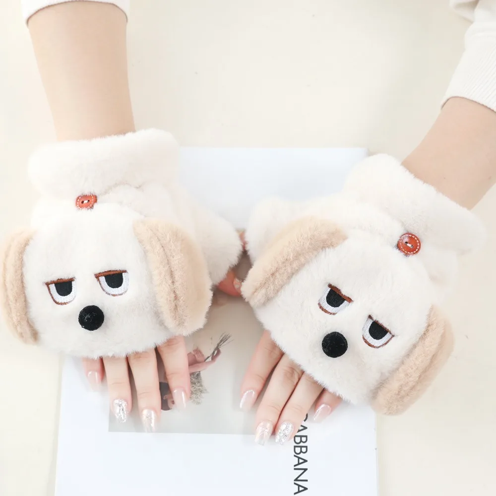 Fashion Dog Cartoon Plush Mittens Thickened Touch screen Half Finger Gloves Korean Style Coldproof Flip Cover Plush Gloves Girls