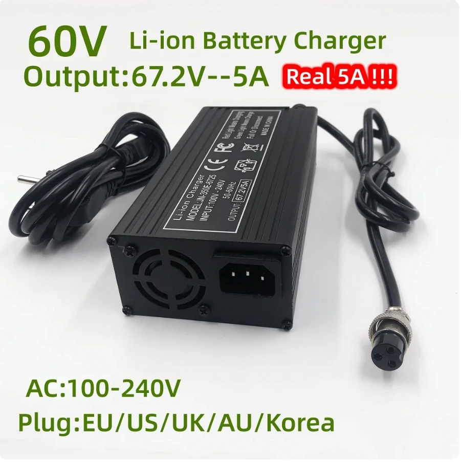 67.2V5A E-scooter Fast Charge 5A Charger For 60V Wheelbarrow Harley 16S 60V Lithium Battery GX16 Connector with Fan Metal Shell