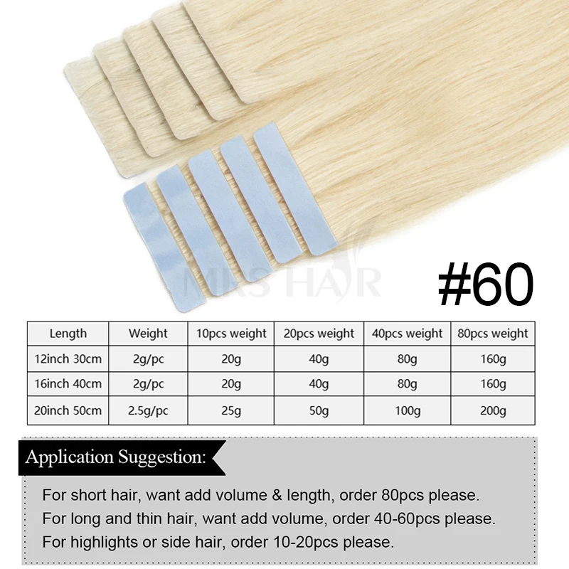 Fita invisível em extensões, injeção de cabelo humano, extensões de cabelo, trama plutônio, fita nos cabelos, #60 loiro platina, 10 pcs/pack