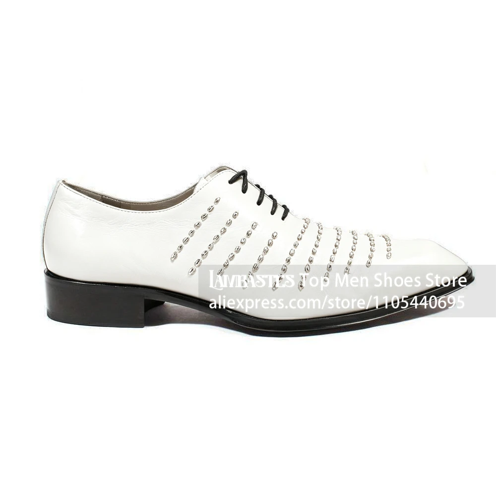 Metal Studded Oxford Shoes Rivet Embellished Lace Up Punk Formal Dress Shoes Stud Detail Low Block Heel Black PU Leather Shoes