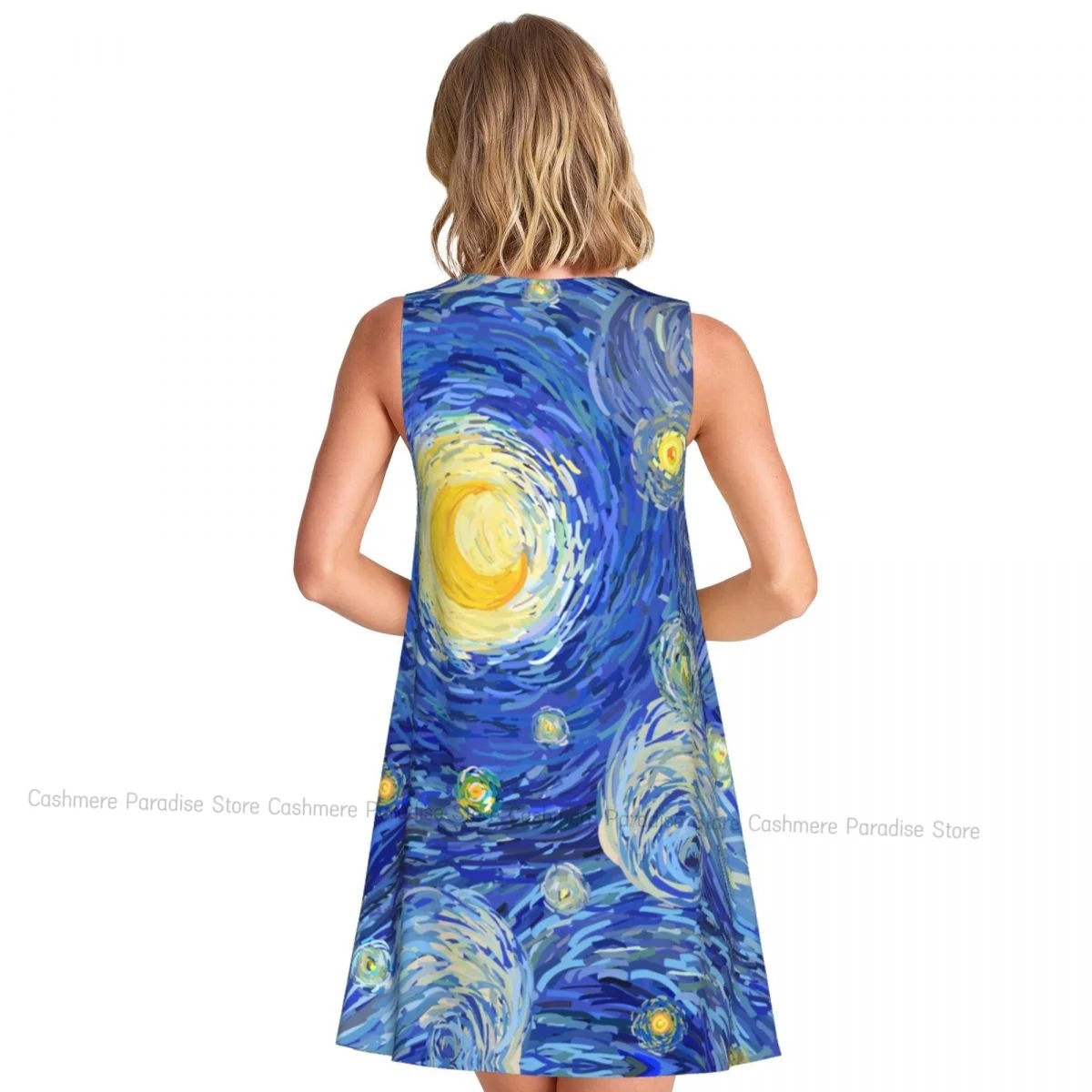 Women's Dress Glowing Moon On A Blue Sky Abstract Summer Casual T Shirt Dresses Beach Cover up Tank Dress