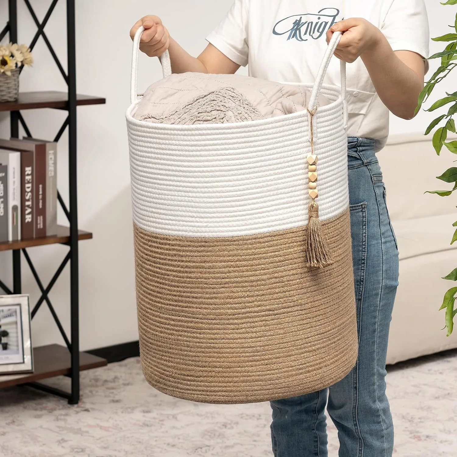 Woven Storage Basket Decorative Rope Wooden Bead Decoration For Blankets Clothes Organizer With Handles Living Room Home Decor