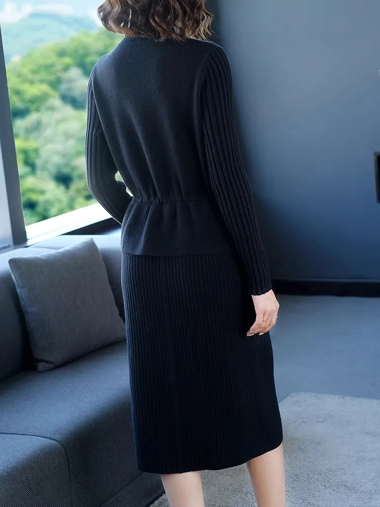 Women's Knitted Midi Dr f High Collar Slimming A-Line Silhouette Long Sve Comfortable Soft Korean Sle Commute Dr