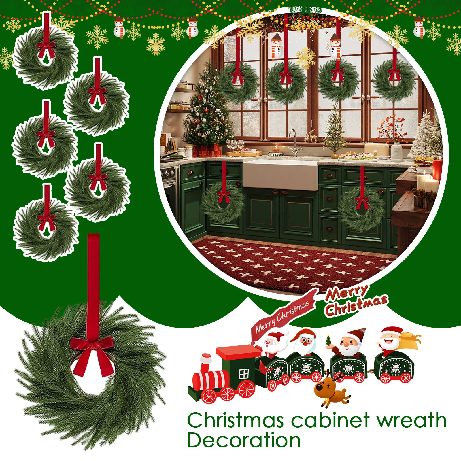 

Christmas Kitchen Cabinet Wreaths With Plaid Bow Ribbon Hanging Cabinet Doors Wreaths Decorative Holiday Decor