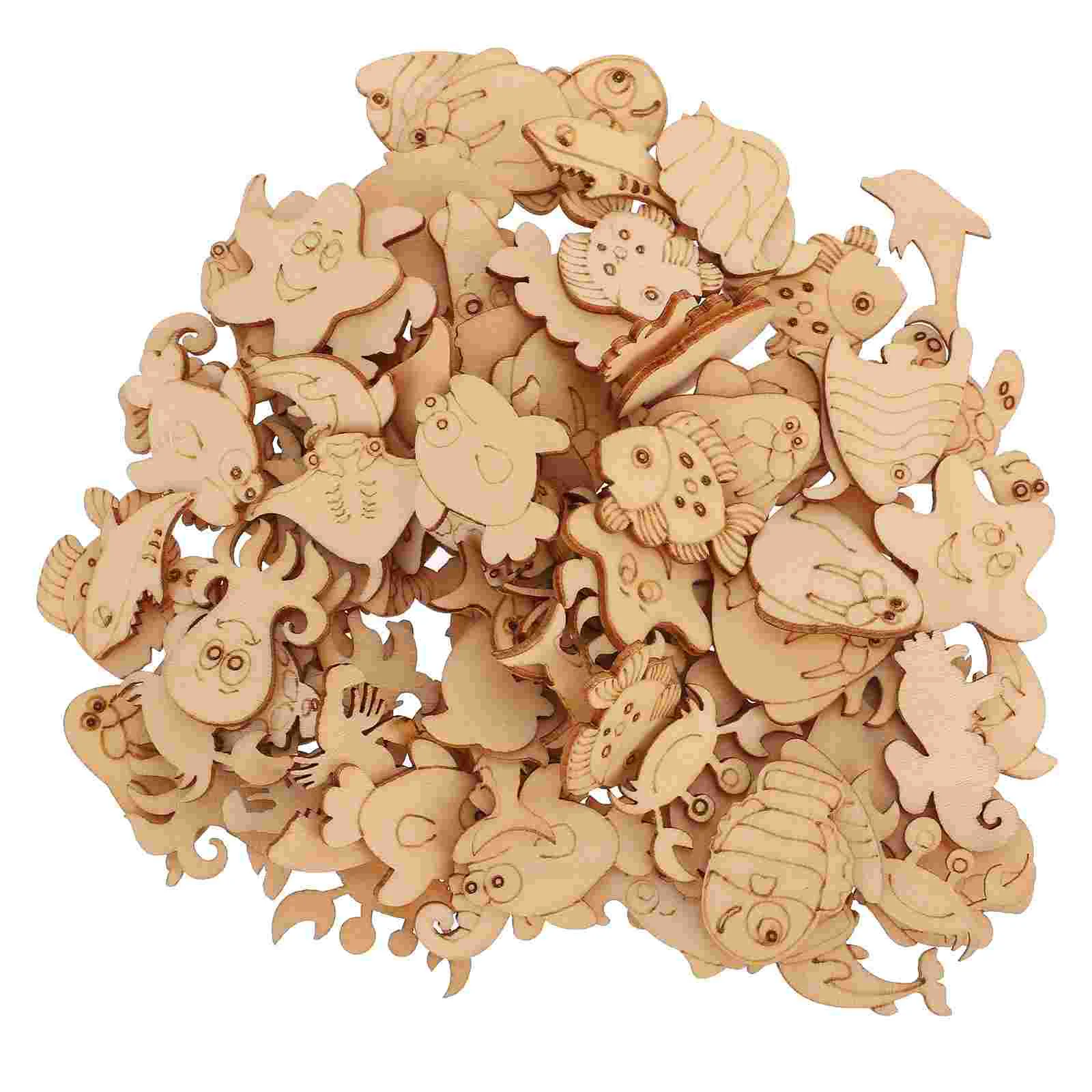 100 Pcs Marine Animal Wood Chips DIY Wooden Craft Cutout Slice Halloween Unfinished Blank