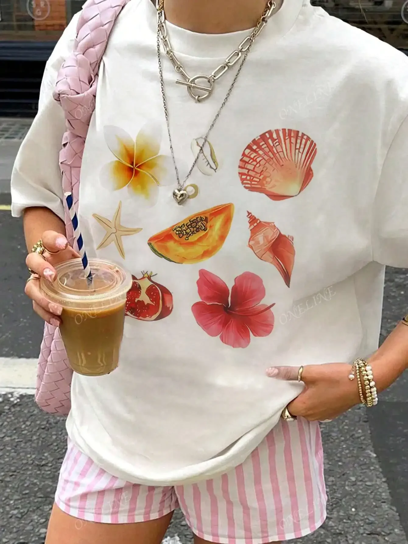 Seashell Fruit and Flower Print Women's Spring Summer Y2K Fashion Casual Versatile Vacation Style Short Sleeve T Shirt