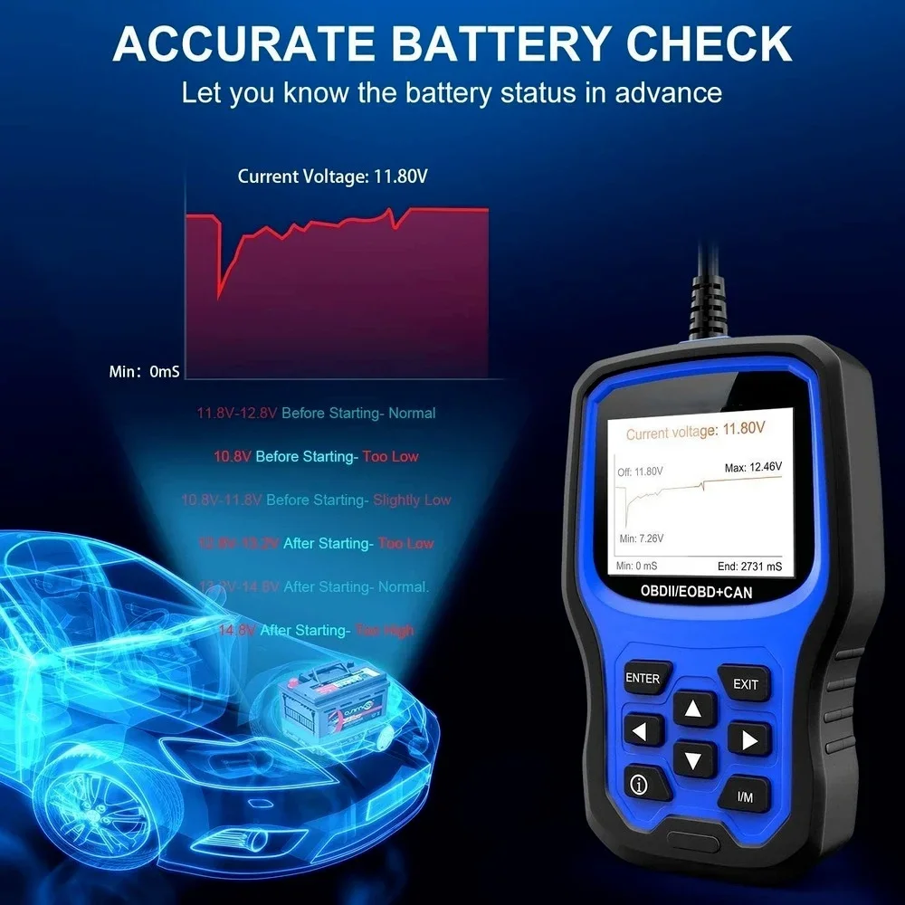 Upgraded Graphing Battery Test, Check Engine Code Reader With Full OBD2 Function, Enhanced Code Definition Car Diagnostic Tool