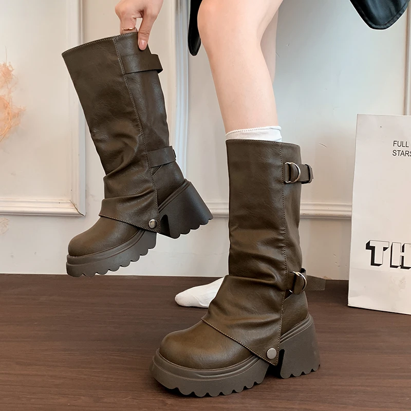 2026 Autumn New Style Women's Mid-Calf Belted Boots Retro Knight Boots Chunky Heel Fashionable Waterproof PU Leather Boots