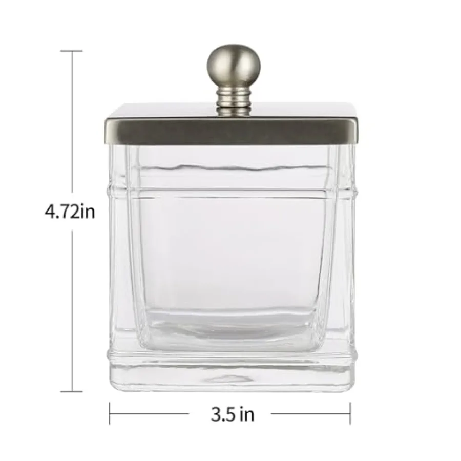 Glass Cotton Jar Holder 2 Pack Satin Nickel Lid, Elegant Bathroom Storage Canister for Qtips, Cotton Balls, Floss, Makeup Organ