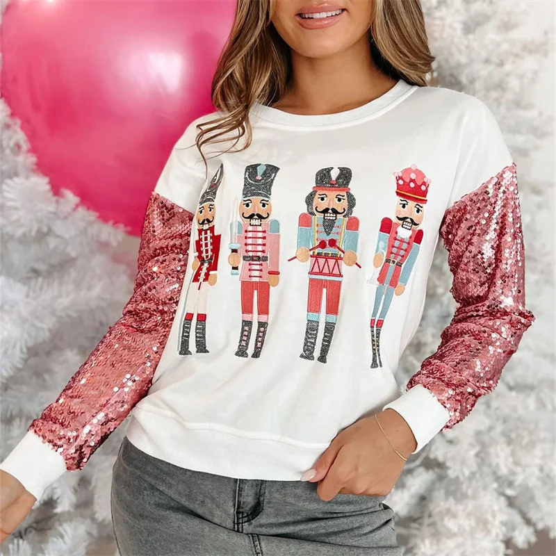 Women Christmas Sequin Sleeve Top Sweatshirt Ladies 2024 New Year Nutcracker Crew Neck Sweatshirt For Women