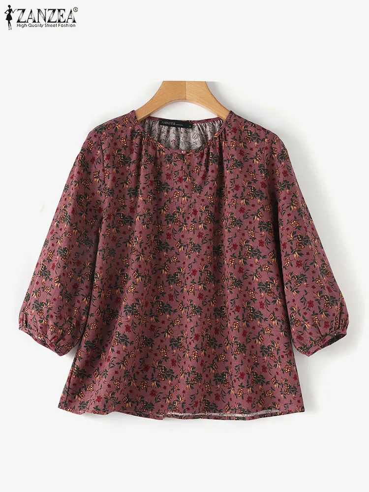 ZANZEA Summer Elegant Casual Holiday Shirt Women Bohemain Floral Print Blouse Casual O Neck 3/4 Sleeve Shirt Vintage Work Tops