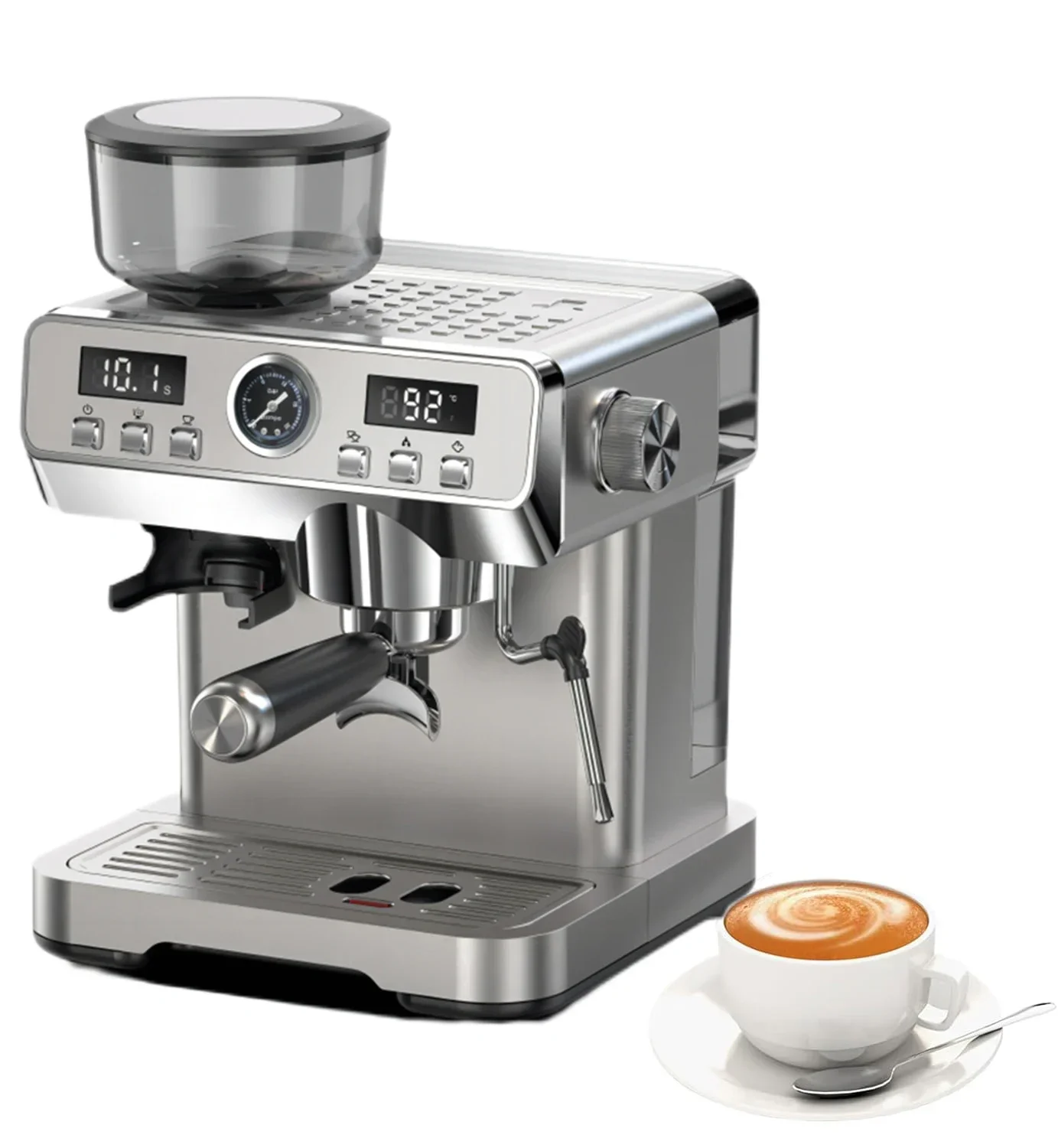 Professional 20-Bar Pressure Pump Stainless Steel Semi Automatic Espresso Coffee Machine with Pressure Gauge and Display