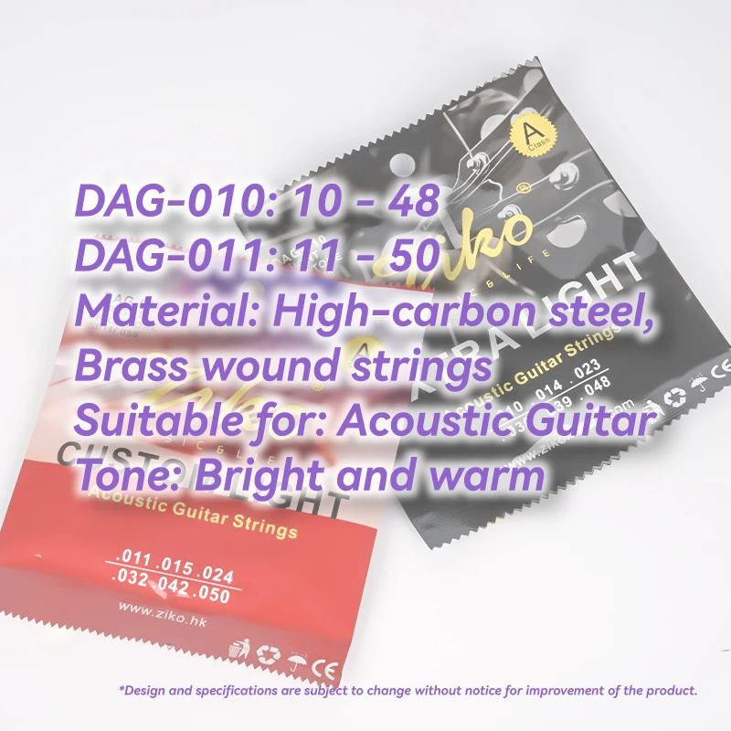 ZIKO cordes guitare acoustique DAG 010 / 011 Acier Core Brass Winding Accessoires de guitare pour débutants et pratique
