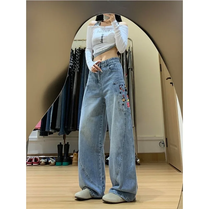 

American Vintage Niche Design Mickey Print Jeans for Women, Y2K Sexy Baggy Sickle Cut Floor-Length Denim Pants women pants