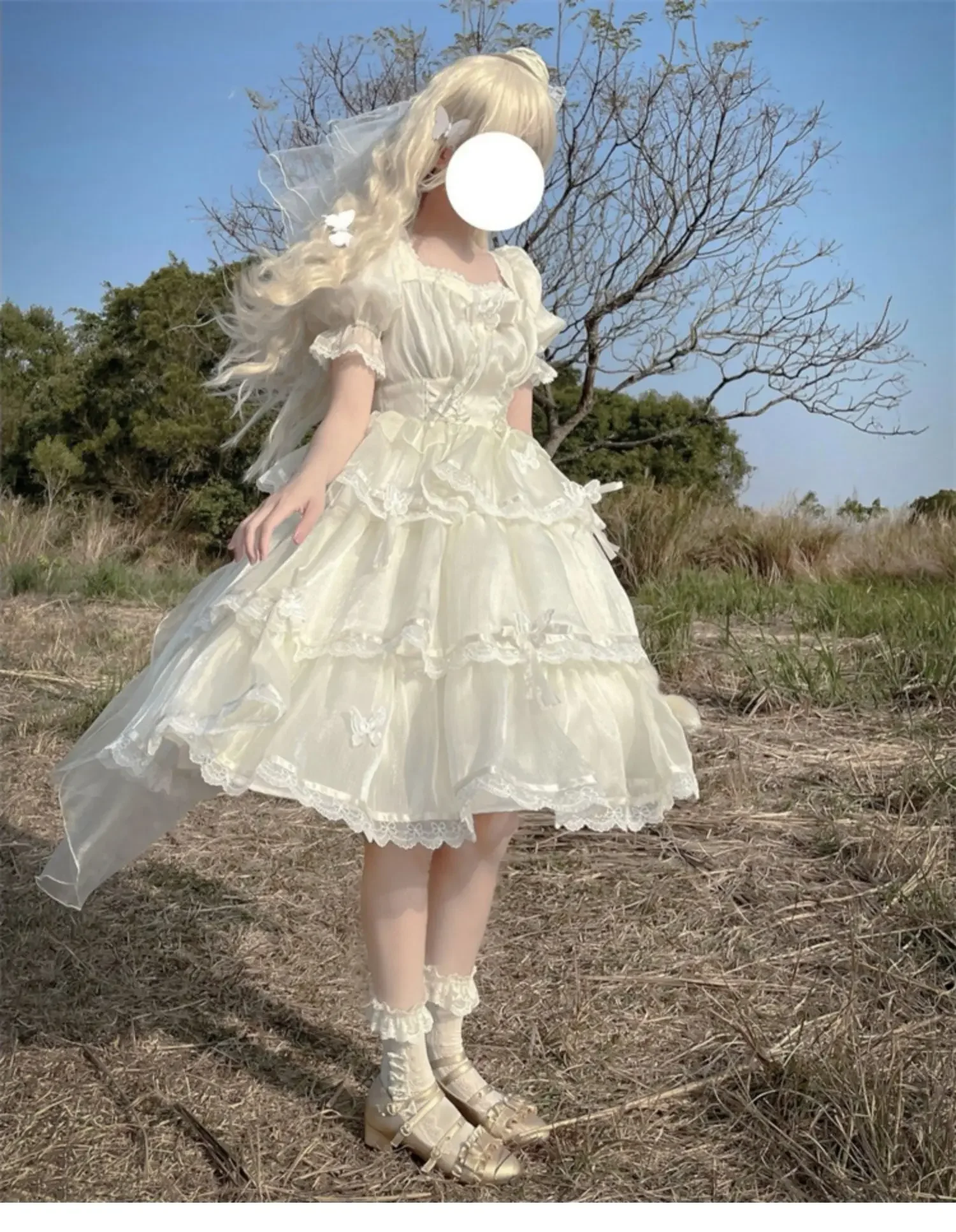 Summer Lolita Cute Dress Sweet Bow Square Neck Fairy Dresses Women Generative Color OP Skirt + Trailing + Back Bow + Veil