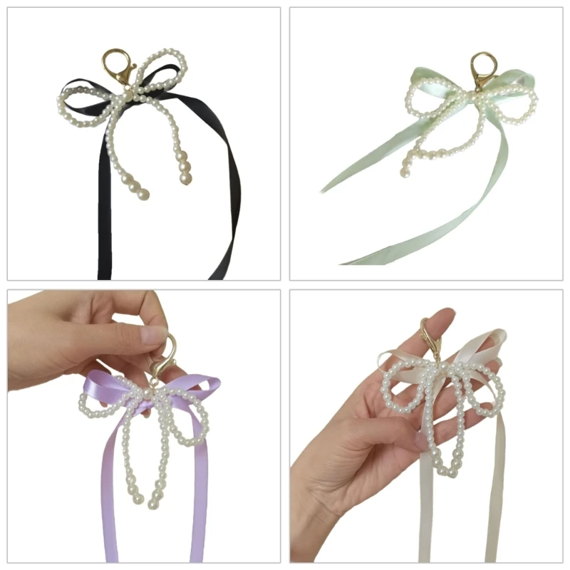 Y1UB Bowknot Shaped Keychain with Pearls Keyring Ribbon Ornament for Everyday Use