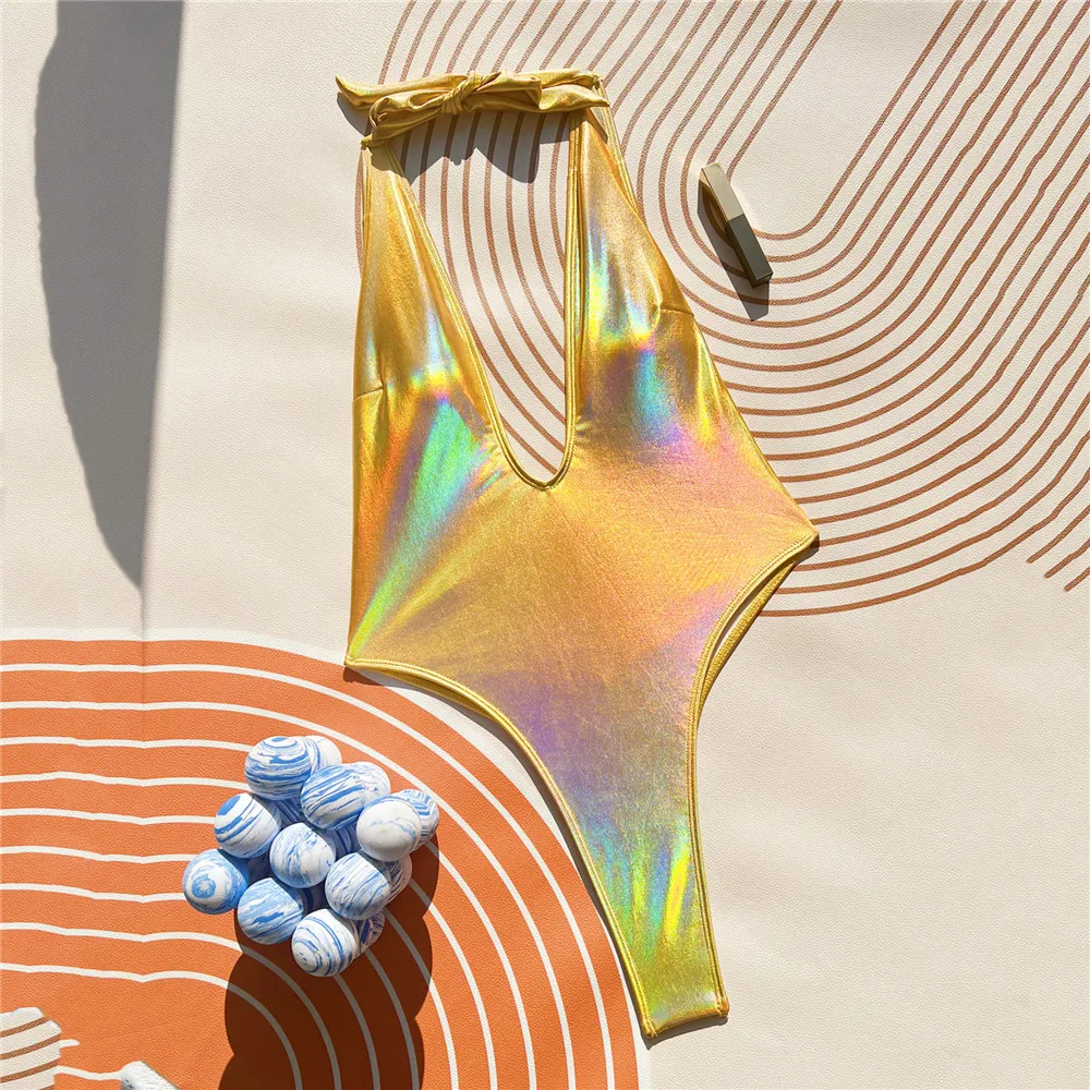 Maillot de bain une pièce, sexy, jaune brillant, col licou, dos nu, monokini, échancré led, baigneur, 2025