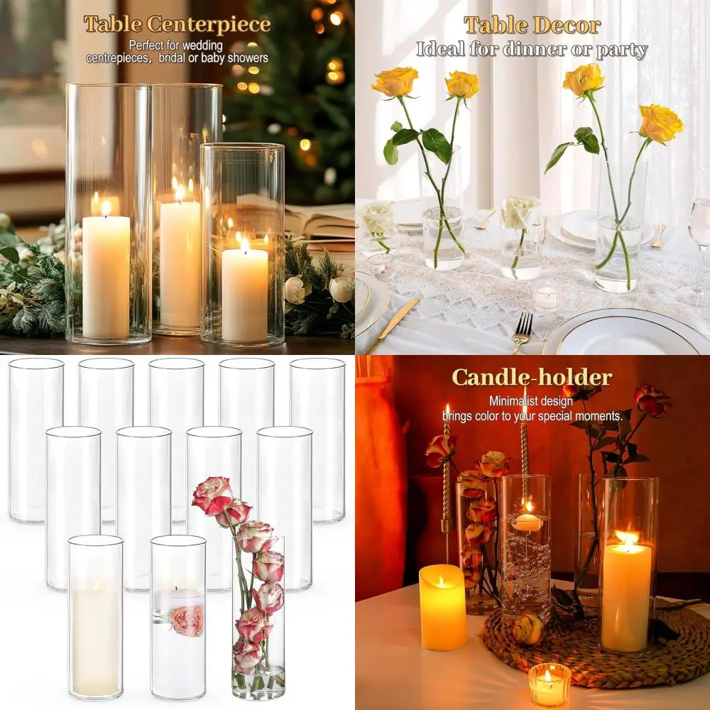 

10 Inch Tall Glass Cylinder Vases for Wedding and Event Centerpieces, Ideal for Flower Arrangements, Candles, and Home/Office De
