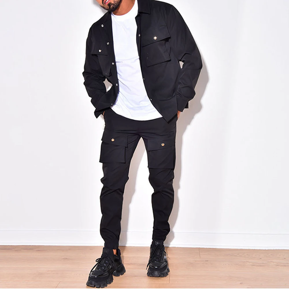 

Fashionable New Spring and Autumn Men's Button Long Sleeved Jacket+Workwear Long Pants Set, Casual Jogging, Party Two-piece Set