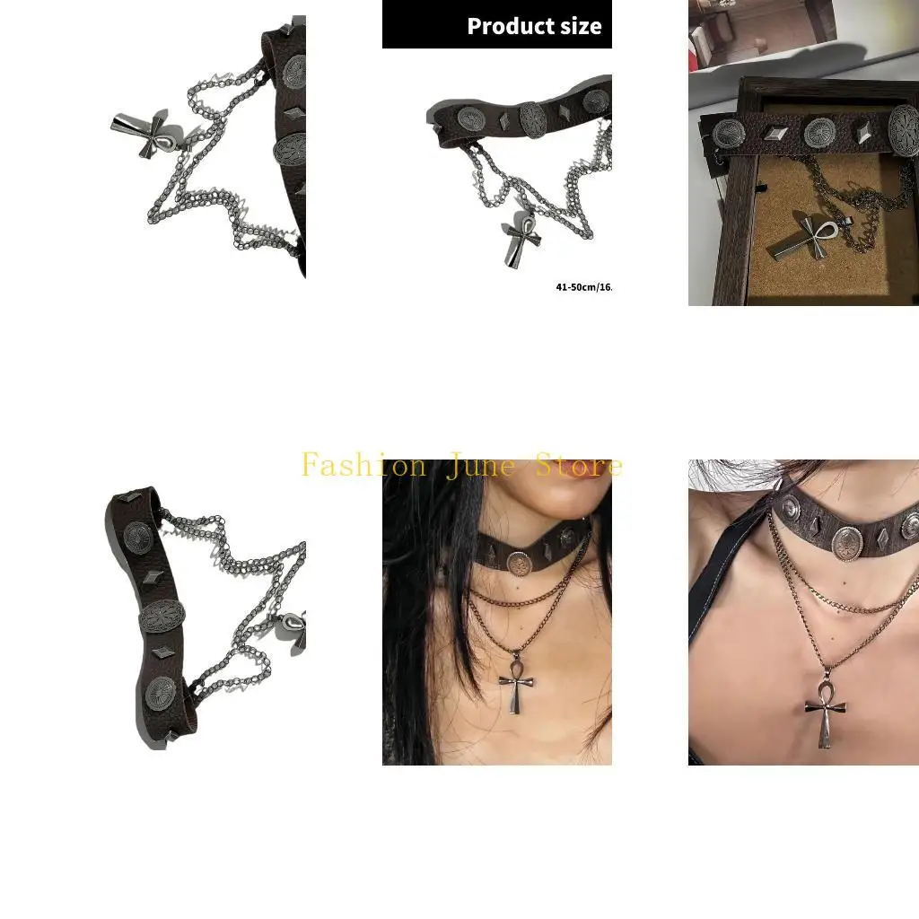 N5KA Fashionable Leather Punk Choker With Crosses for Street Styles Photography