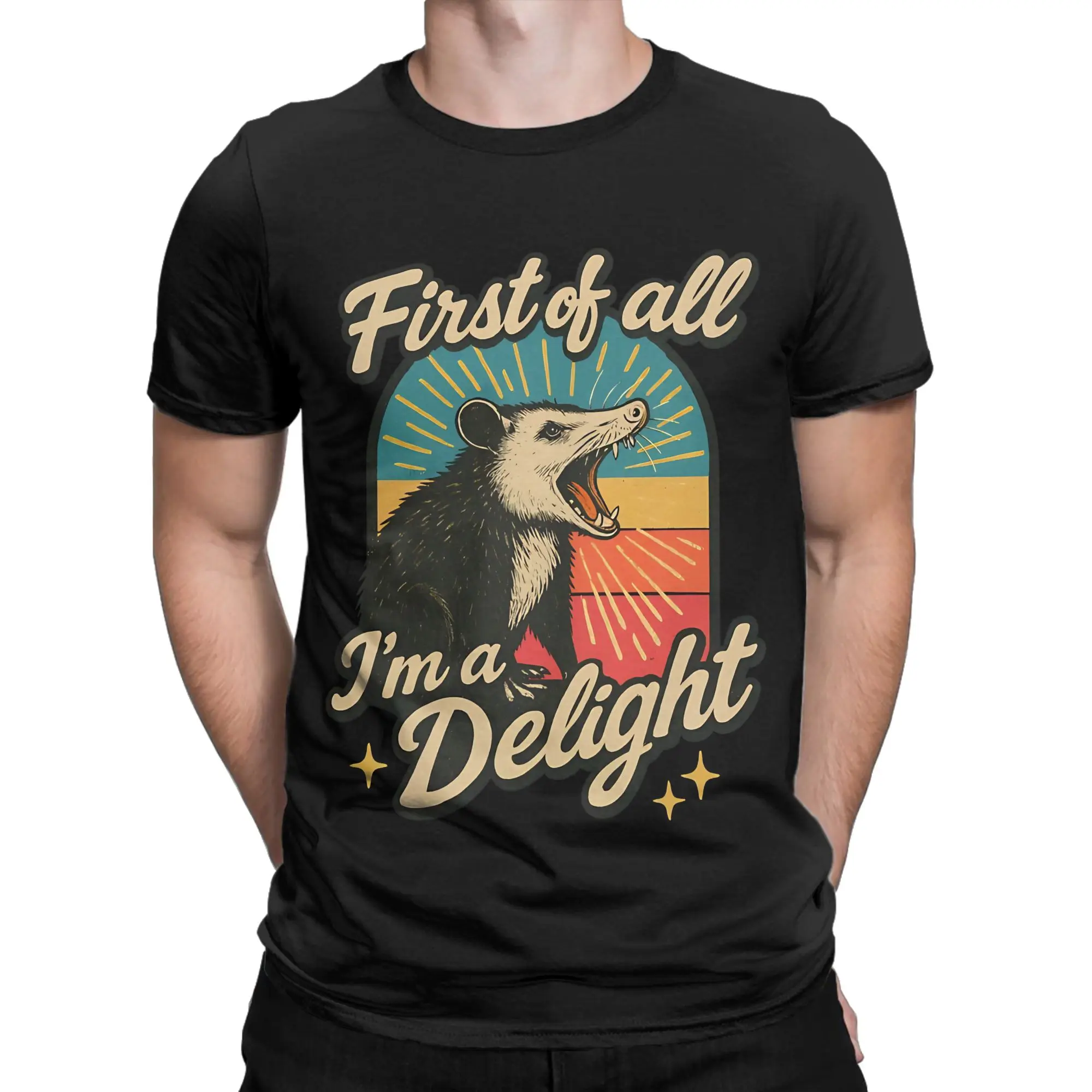 First of All I am a Delight Funny Screaming Possum Retro Design Classic Graphic 100% Cotton T-Shirt Possum Tops Tees For Men