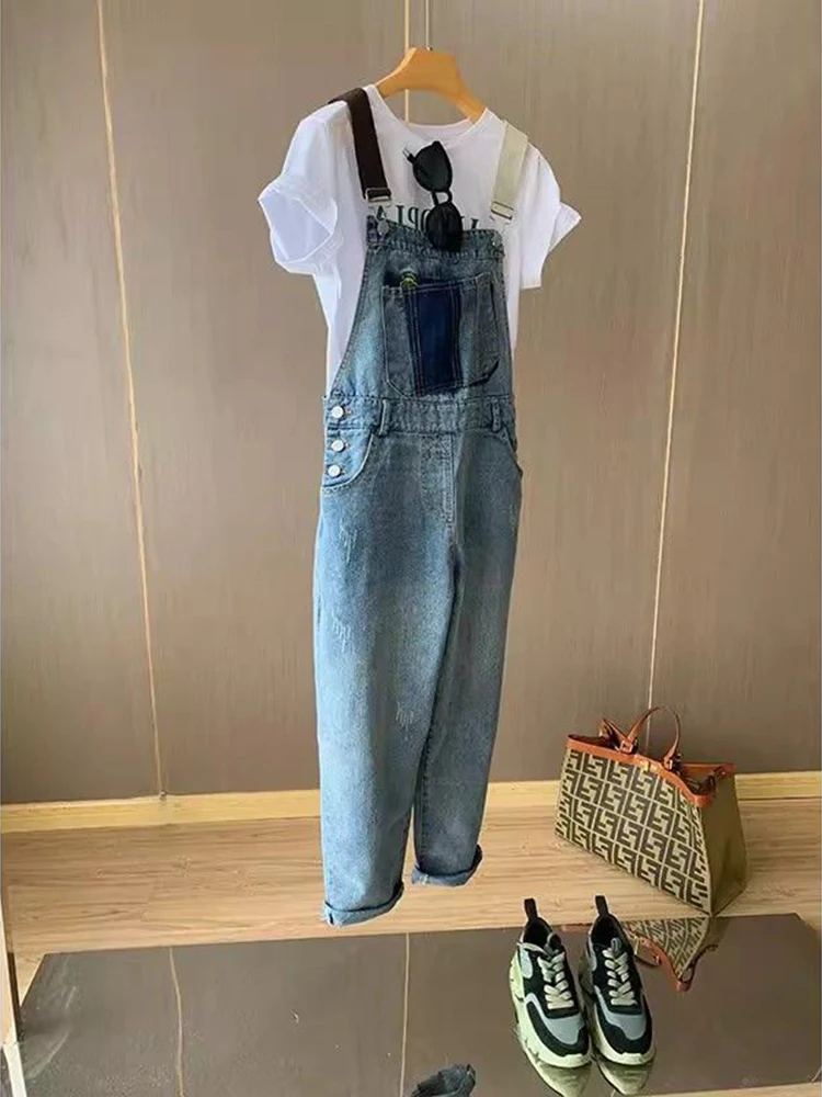 Fashionable contrasting color shoulder strap embroidered strap jeans women niche design sense casual versatile strap pants