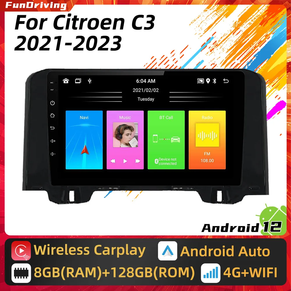 Newest Multimedia Car Radio for Citroen C3 2021 - 2023 GPS Navigation 2 Din Android Stereo Head Unit Autoradio Carplay Auto