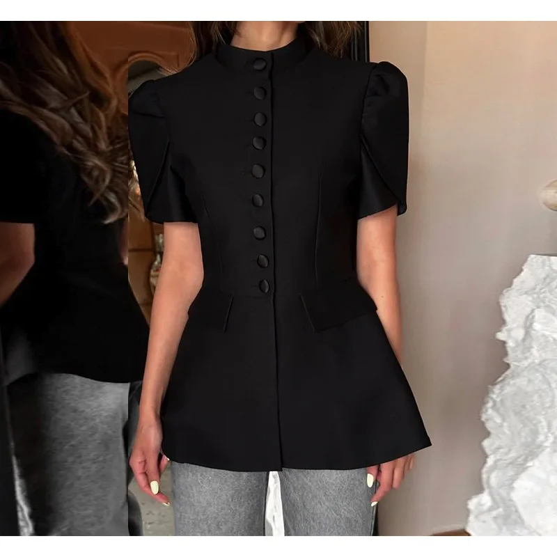 Black White Shirt Jacket Women 2026 Summer New Stand Collar Single Row Buttons Puff Sleeve High Waist Slimming Fashion Tops