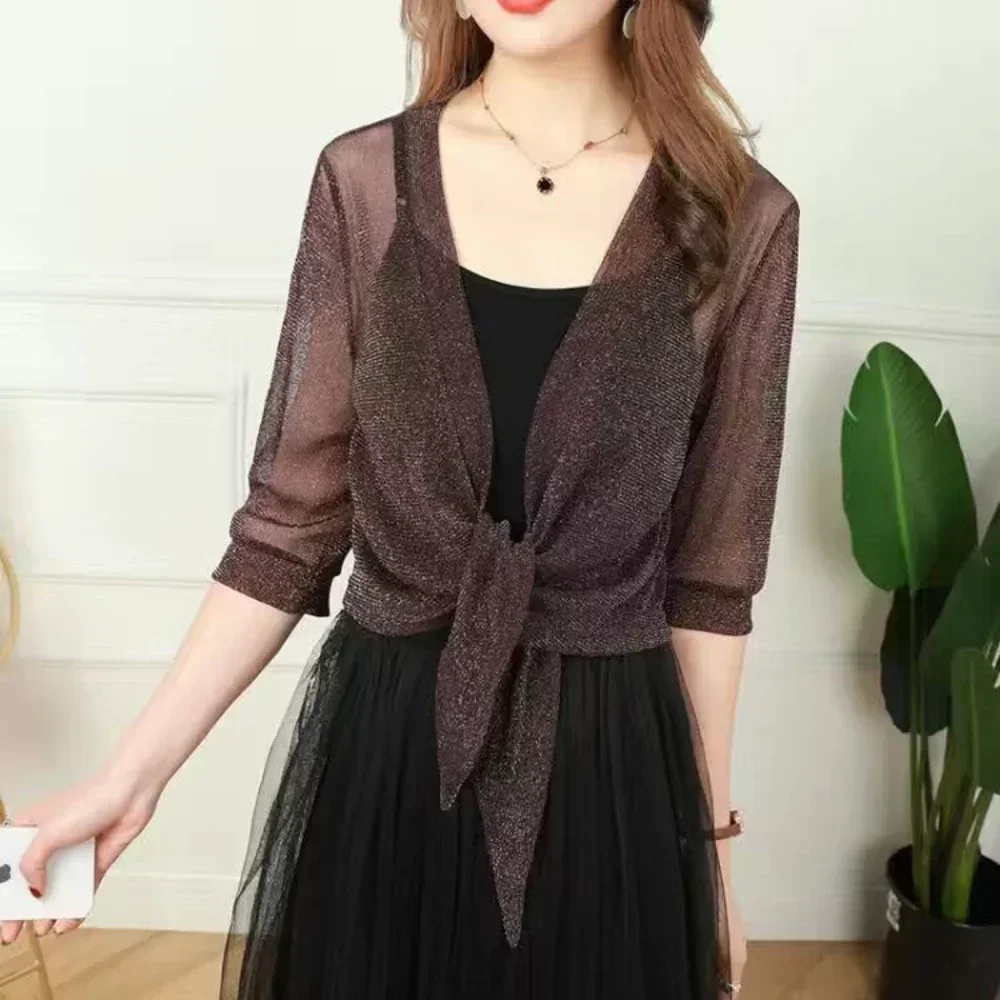 2024 Women\'s Sheer Glitter Lace-up Cardigan Lightweight Jacket Half Sleeve Summer See-through Loose Blouse Women All Match