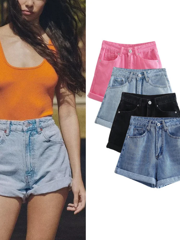 

Джинсовые орты с высокой талией и манжетами, женские универсальные утягивающие прямые джинсы, повседневные всесезонные однотонные джинсы на молнии