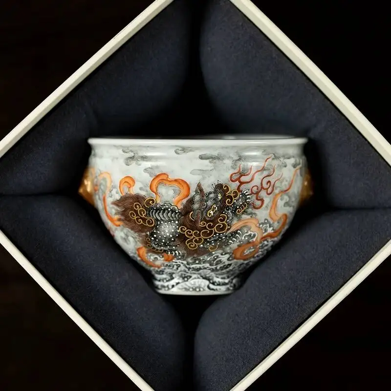 Holy Mountain Ink Color Alum Red Hand-Painted Unicorn Double-Eared Bottle Jingdezhen Ceramic Set Retro Master Tea Cup