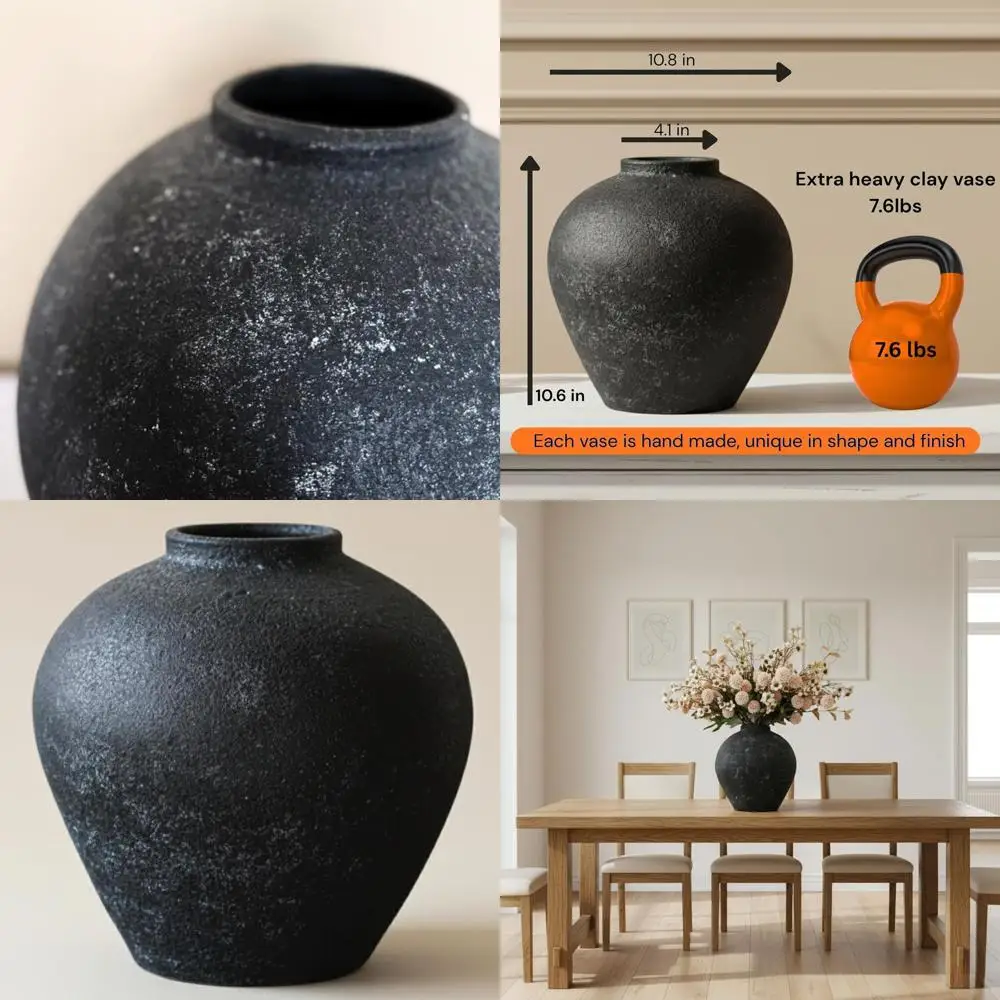 

Large Rustic Ceramic Vase 10.6 Tall - Farmhouse Stone Style, Black Round Vase for Living Room & Centerpieces