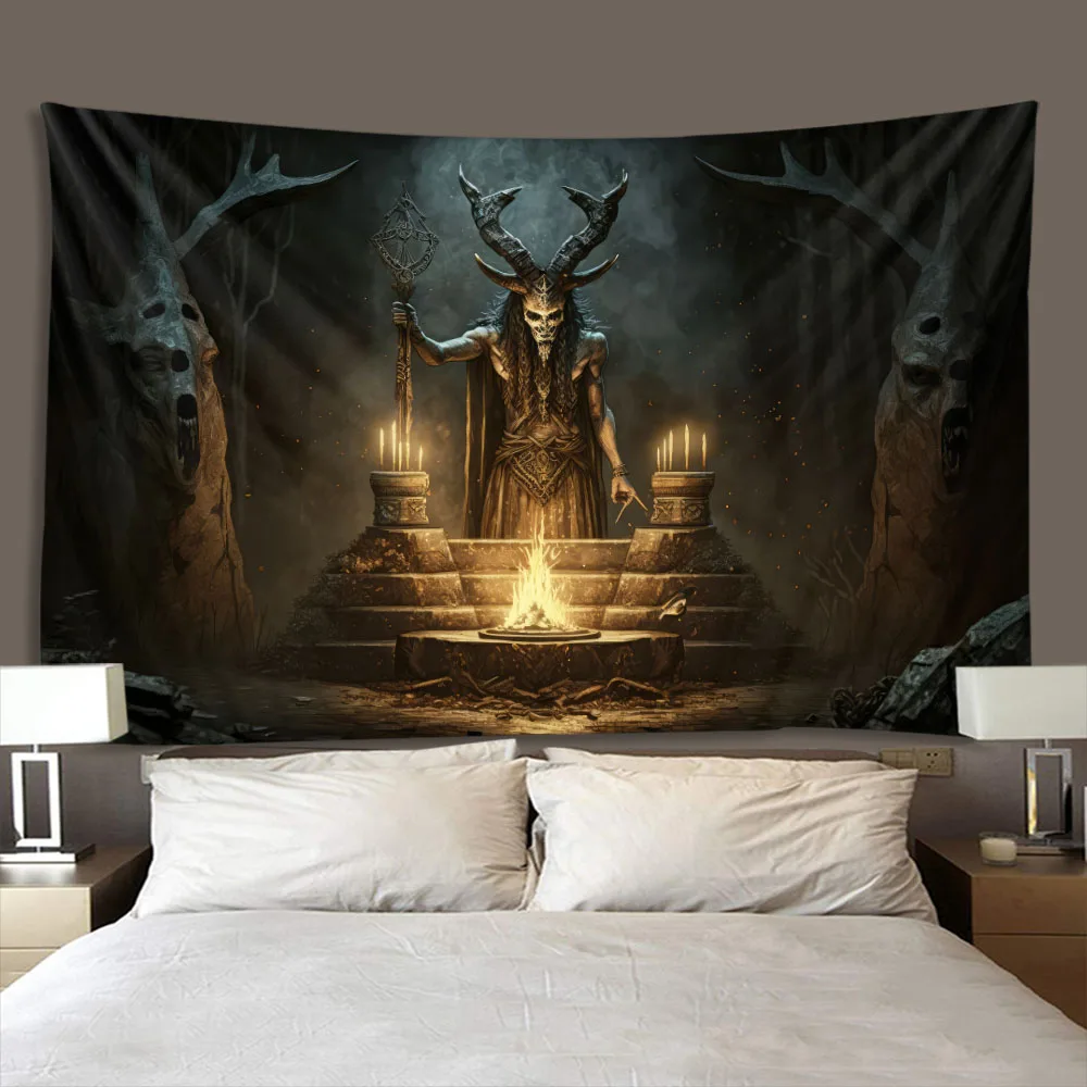 Psychedelic Mysterious Ancient Temple Skull Tapestry - Fashionable Witchcraft Room Background Hanging Cloth for Cool Decor