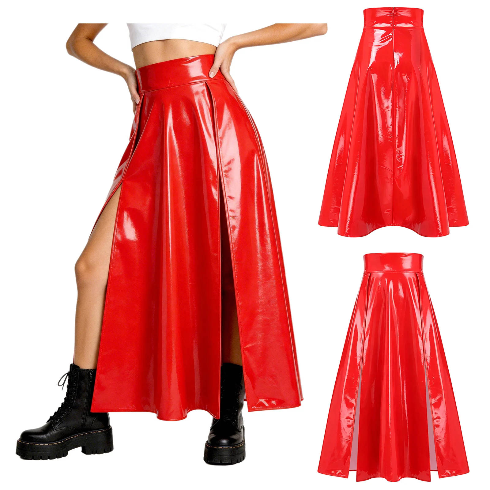 Womens Patent Leather High Split Skirt Back Invisible Zipper High-waisted Skirt for Evening Party and Dance Club Night Outing