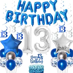 Blue 13th Birthday Decorations for Boys Girls Birthday Party Supplies Happy Birthday Balloon Banner Cake Topper Hanging Swirls